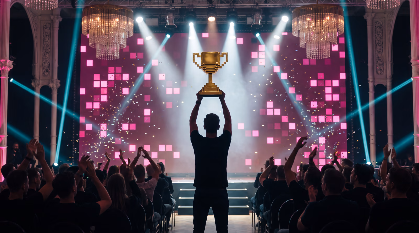 Der goldene Pokal wird auf der Bühne der Flora in die Höhe gehalten, dahinter die LED-Wand und die Lichtkegel. KI-Visualisierung des geplanten Abends. Basis: echtes Foto der Flora Köln.