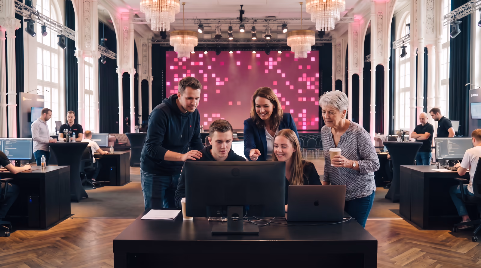 Ein Team an seinem Tisch in der Arena der Flora, dahinter stehen ein Freund, eine Kollegin und eine Mutter mit Kaffeebecher und schauen mit auf den Bildschirm. Im Hintergrund weitere Startplätze und die LED-Wand, Tageslicht. KI-Visualisierung des geplanten Tages. Basis: echtes Foto der Flora Köln.